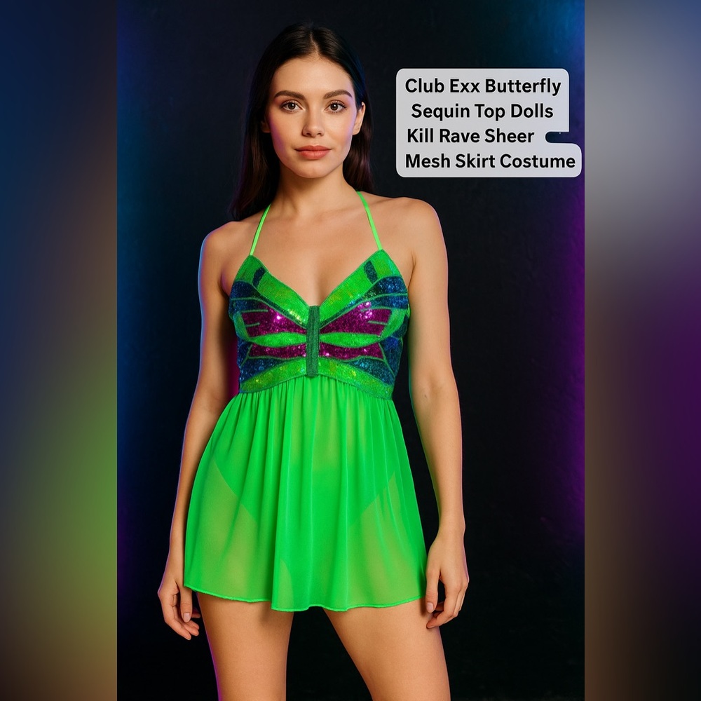 Club Exx Butterfly Sequin Halter Top M/L Dolls Kill Rave Sheer Skirt